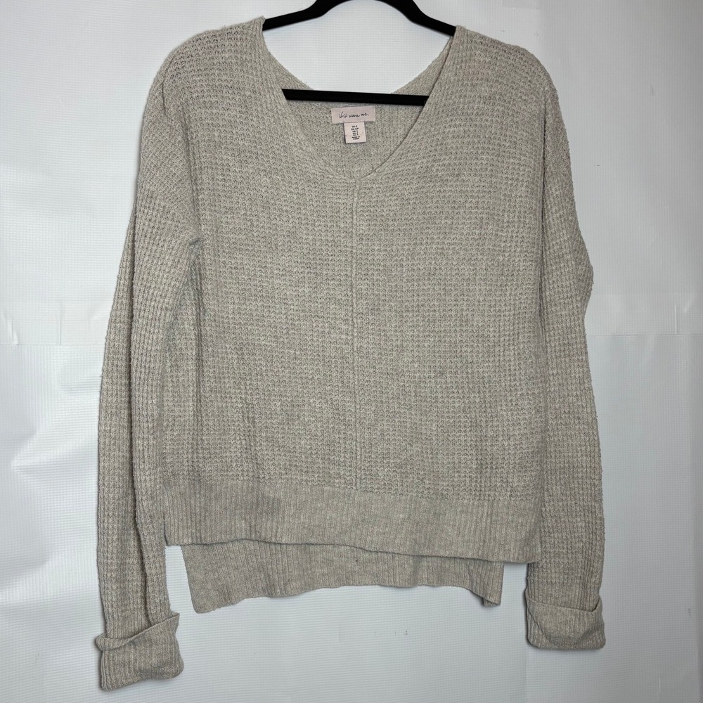 If It Were Me Oatmeal Heather Waffle Knit V-Neck Lightweight Sweater Women Small
